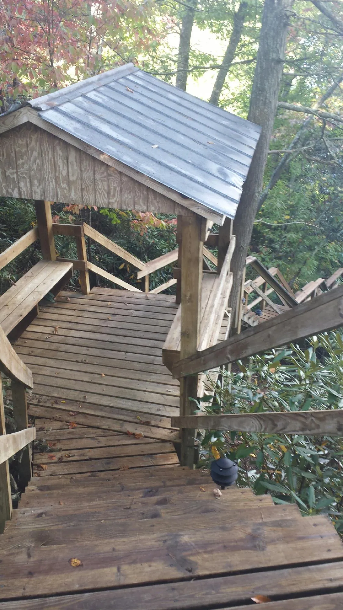 Metal roofed shelter over wooden steps on a wooded walkway — Skylight Repair & Installation work by our crew in East Aurora